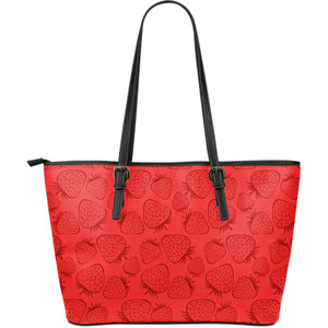 Strawberry Pattern Red Background Large Leather Tote Bag