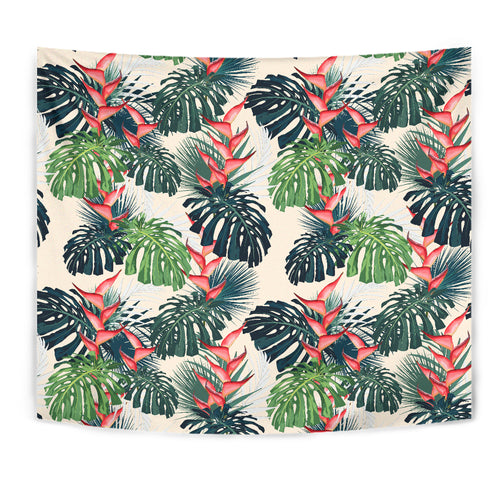 Heliconia Flowers, Palm And Monstera Leaves Wall Tapestry