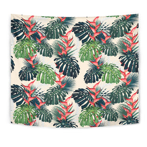 Heliconia Flowers, Palm And Monstera Leaves Wall Tapestry