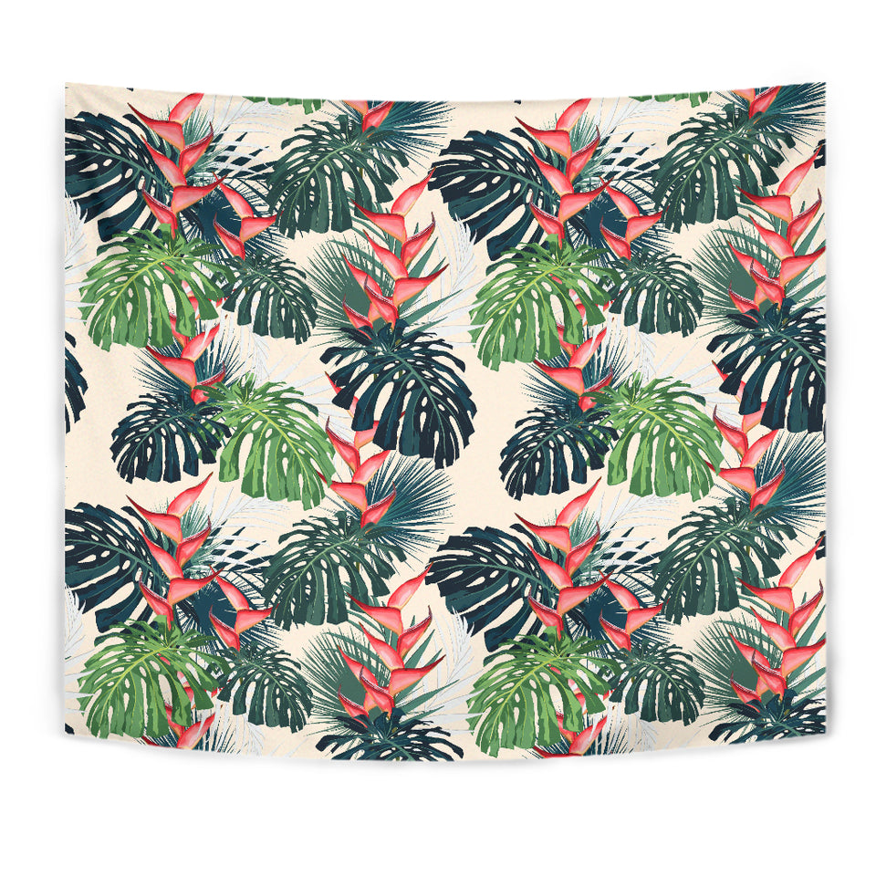 Heliconia Flowers, Palm And Monstera Leaves Wall Tapestry