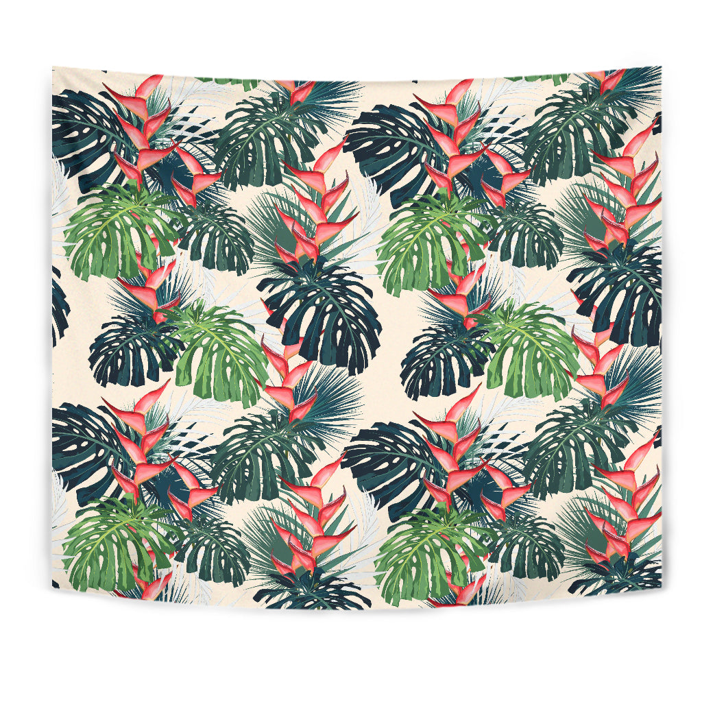 Heliconia Flowers, Palm And Monstera Leaves Wall Tapestry