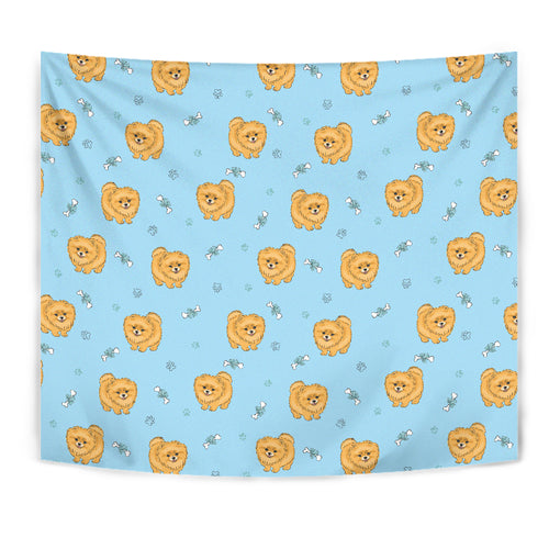 Brown Cute Pomeranian Blue Blackground Wall Tapestry
