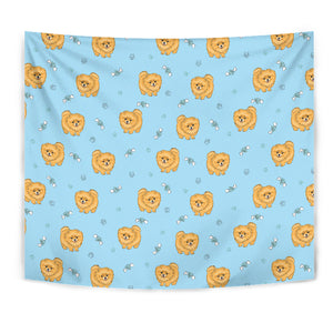 Brown Cute Pomeranian Blue Blackground Wall Tapestry
