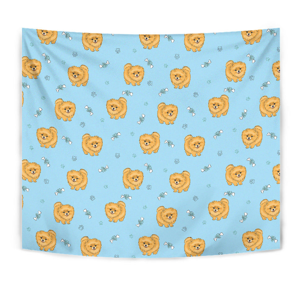 Brown Cute Pomeranian Blue Blackground Wall Tapestry