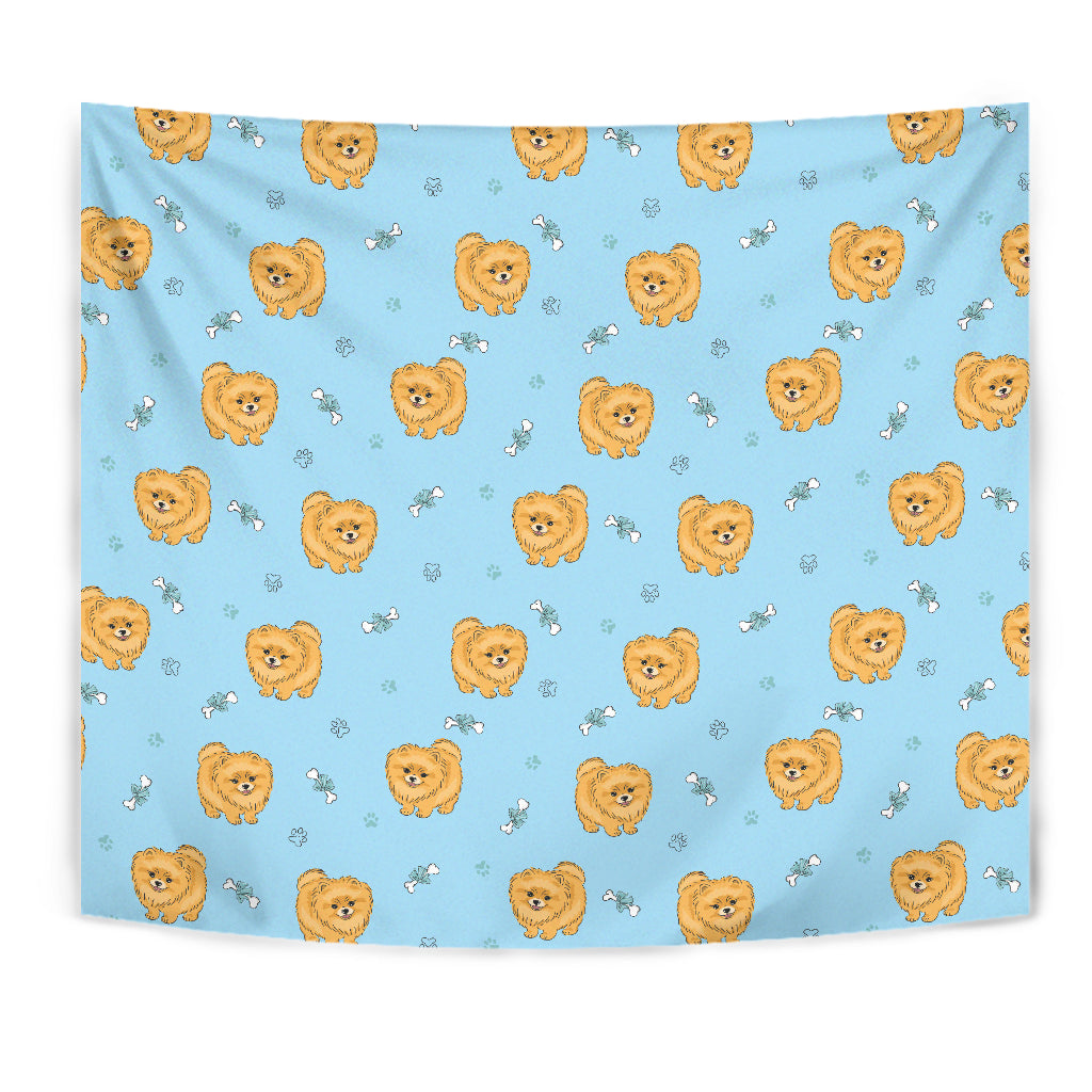 Brown Cute Pomeranian Blue Blackground Wall Tapestry