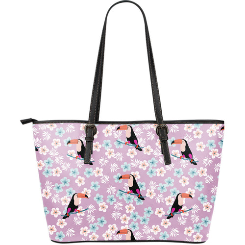 Beautiful Toucan Flower Leaves Large Leather Tote Bag