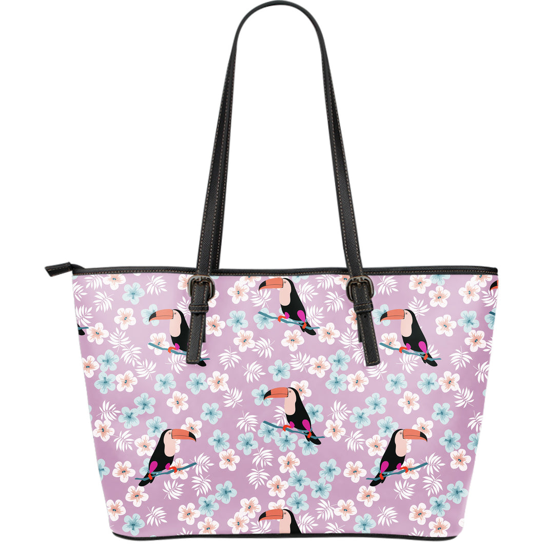 Beautiful Toucan Flower Leaves Large Leather Tote Bag