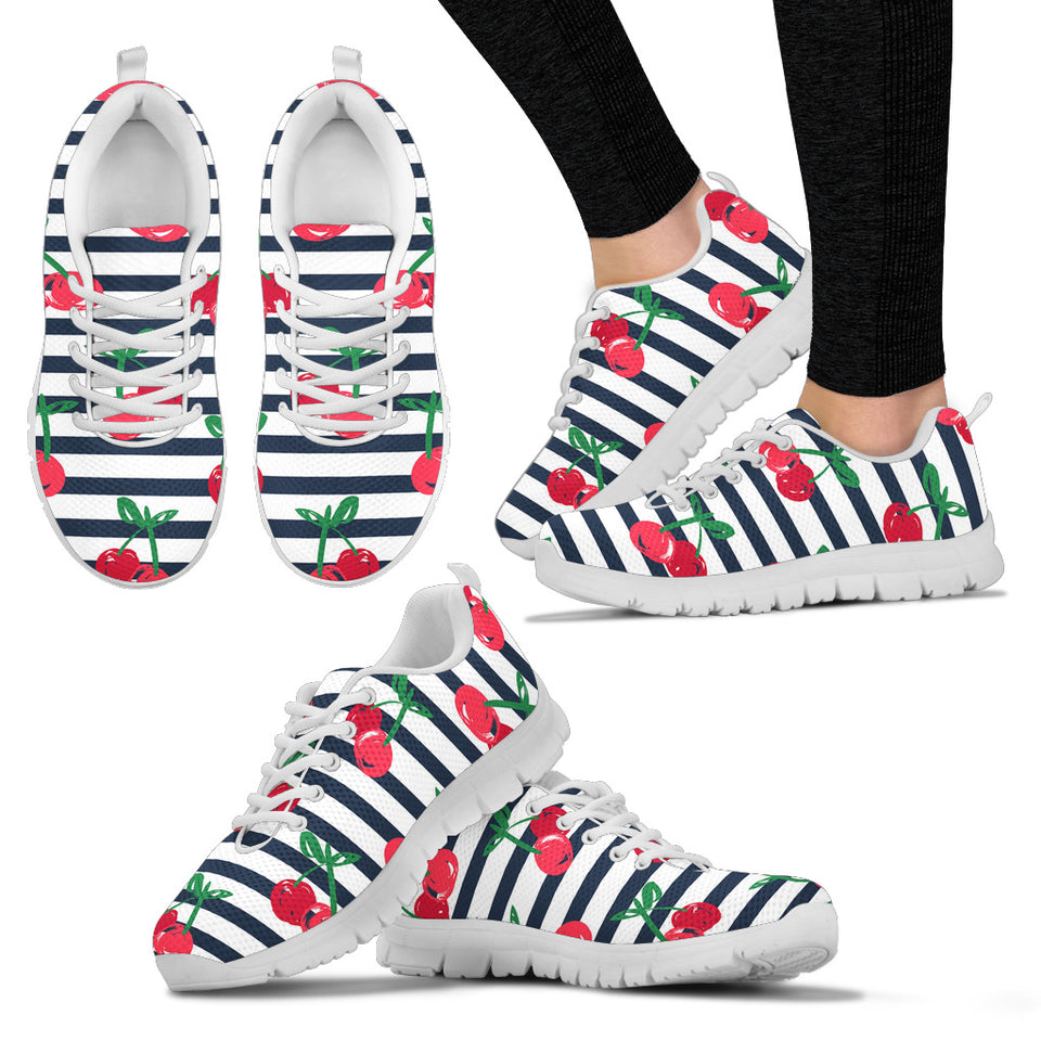 Hand Drawn Cherry Pattern Striped Background Women'S Sneaker Shoes