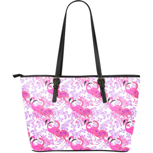 Pink Flamingo Flower Pattern Large Leather Tote Bag