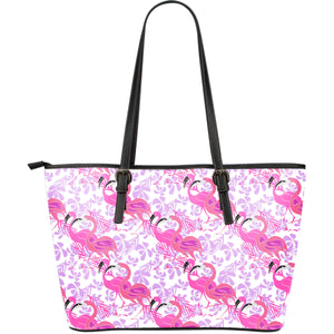 Pink Flamingo Flower Pattern Large Leather Tote Bag