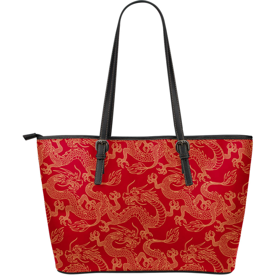 Gold Dragons Red Background Large Leather Tote Bag