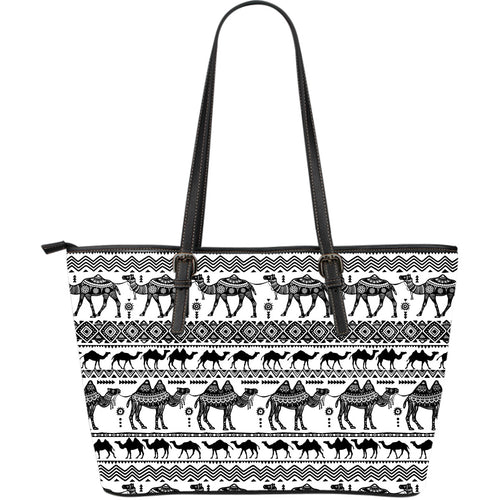 Camel Polynesian Tribal Pattern Large Leather Tote Bag
