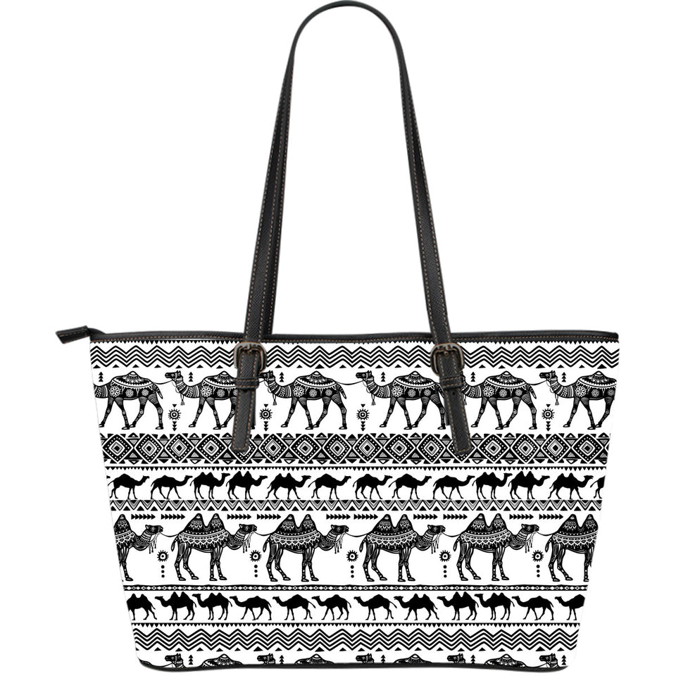 Camel Polynesian Tribal Pattern Large Leather Tote Bag