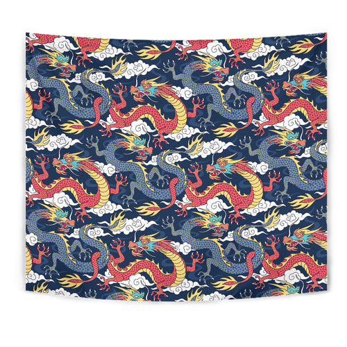 Blue Red Dragon Cloud Pattern Wall Tapestry