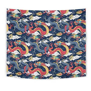 Blue Red Dragon Cloud Pattern Wall Tapestry
