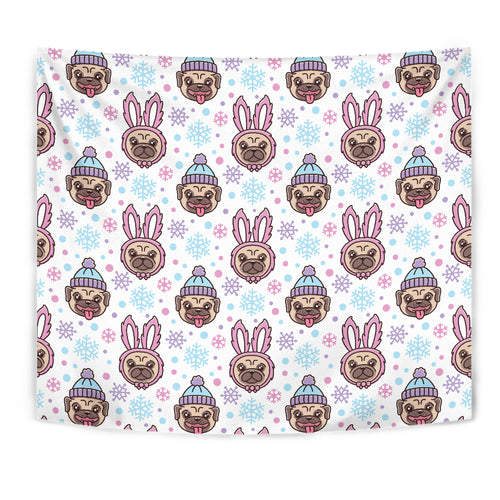 Cute Pug Hat Rabbit Costume Pattern Wall Tapestry