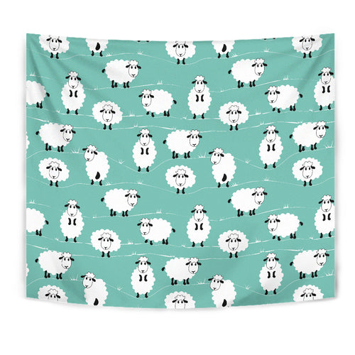 Cute Sheep Green Background Wall Tapestry