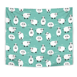 Cute Sheep Green Background Wall Tapestry