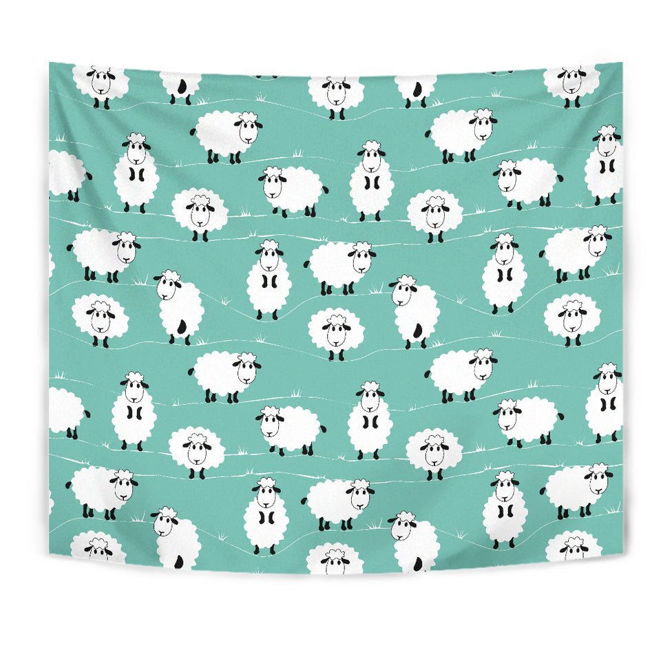 Cute Sheep Green Background Wall Tapestry