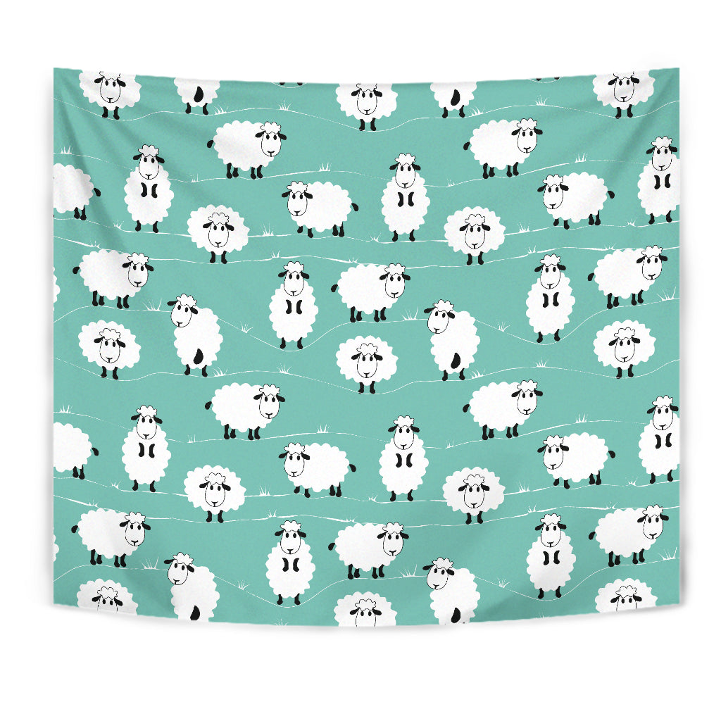Cute Sheep Green Background Wall Tapestry