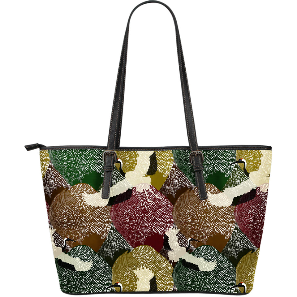 Japanese Cranes Flying Forest Dot Pattern Large Leather Tote Bag