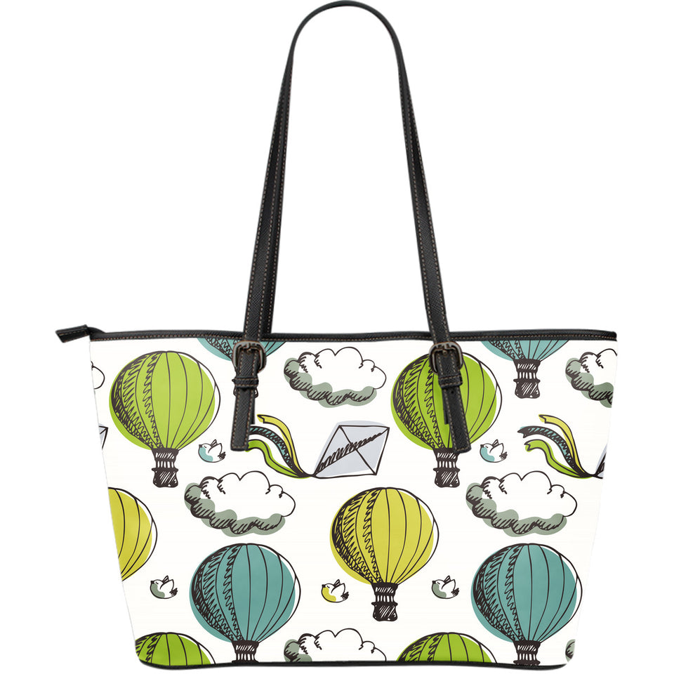 Hot Air Balloon Bird Cloud Pattern Large Leather Tote Bag