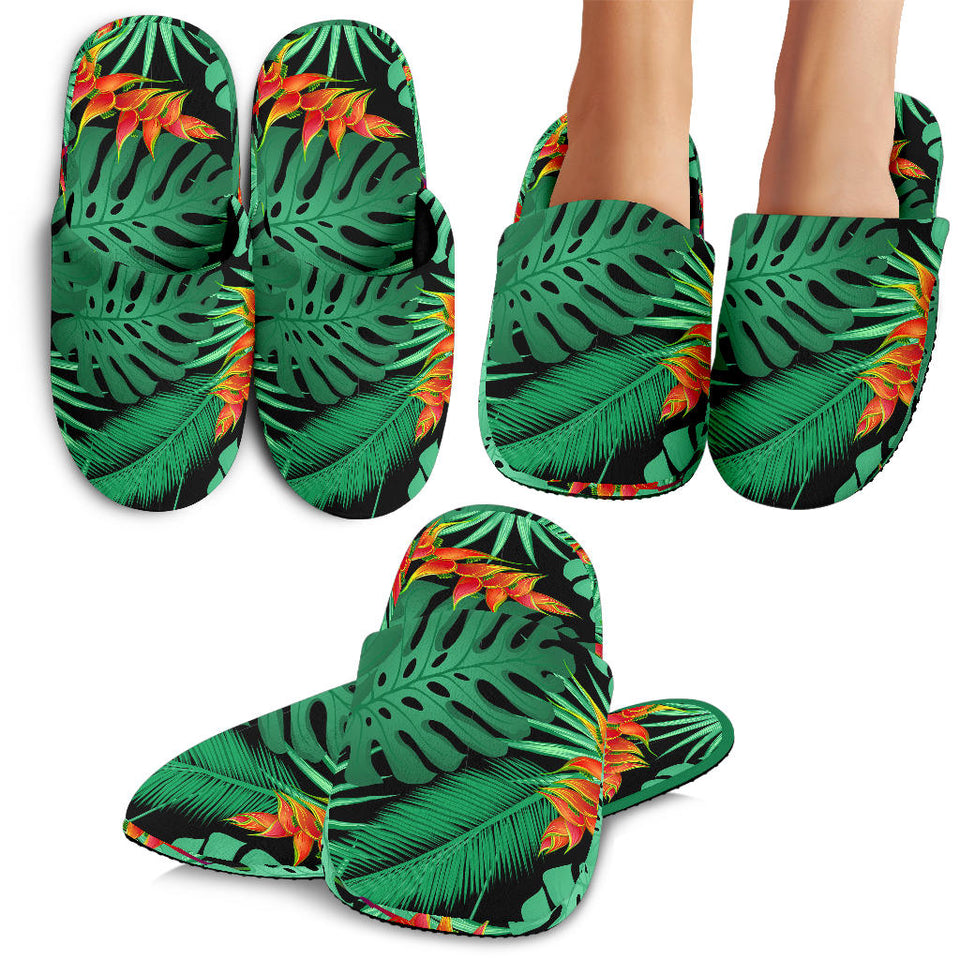 Heliconia Flower Palm Monstera Leaves Black Background Slippers