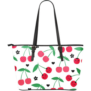 Cherry Pattern White Background Large Leather Tote Bag
