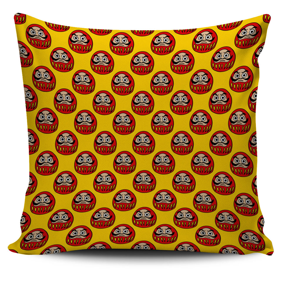 Daruma Japanese Wooden Doll Yellow Background Pillow Cover