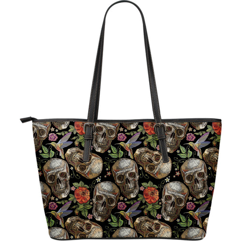 Skull Rose Humming Bird Flower Pattern Large Leather Tote Bag