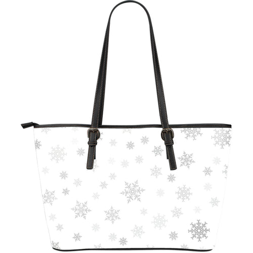 Snowflake Pattern White Background Large Leather Tote Bag