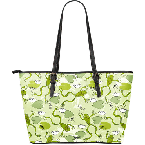Cute Frog Dragonfly Pattern Large Leather Tote Bag