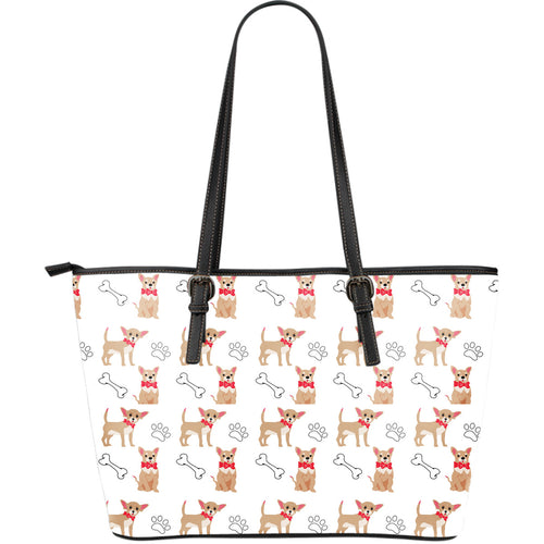 Chihuahua Bone Paw Pattern Large Leather Tote Bag
