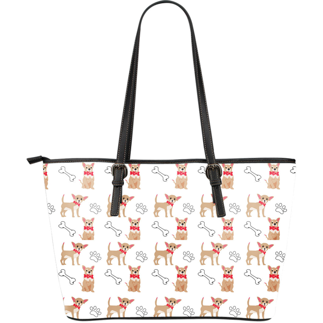 Chihuahua Bone Paw Pattern Large Leather Tote Bag