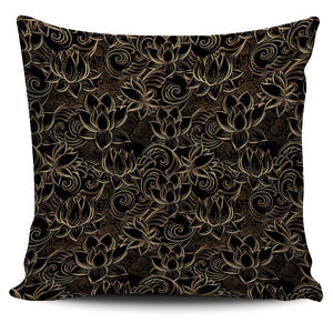 Luxurious Gold Lotus Waterlily Black Background Pillow Cover