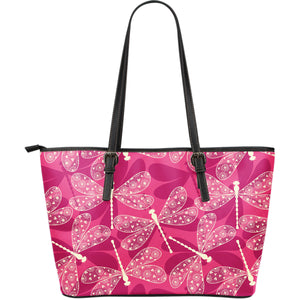 Beautiful Dragonfly Pink Background Large Leather Tote Bag