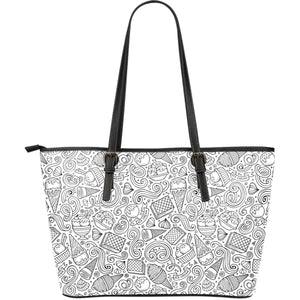 Cartoon Hand Drawn Ice Cream Black White Large Leather Tote Bag