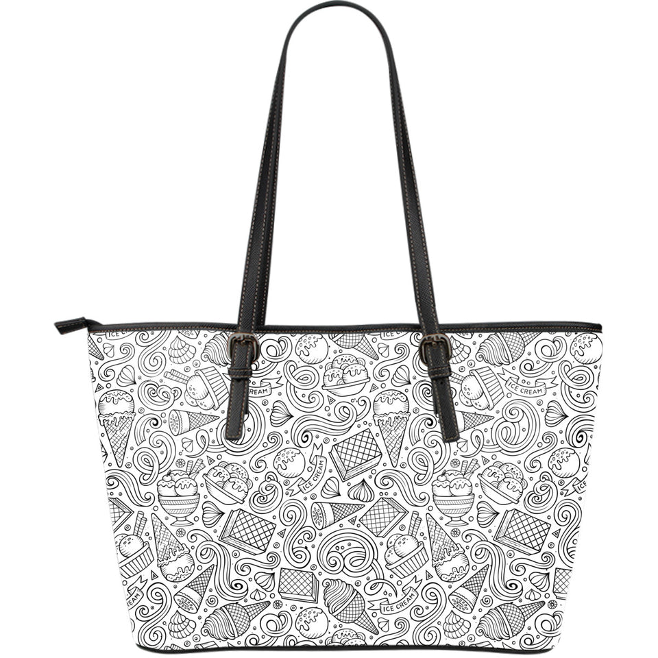 Cartoon Hand Drawn Ice Cream Black White Large Leather Tote Bag