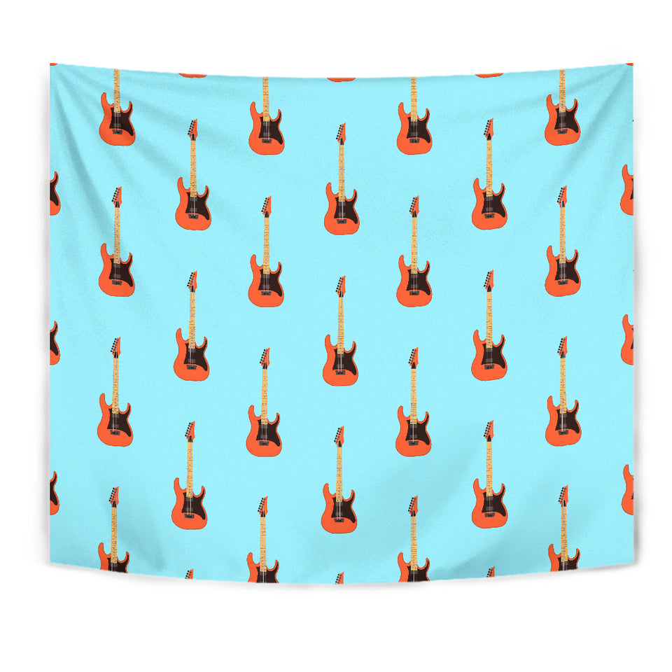 Electric Guitar Pattern Light Blue Background Wall Tapestry