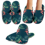 Heliconia Flowers, Palm And Monstera Leaves On Black Background Pattern Slippers
