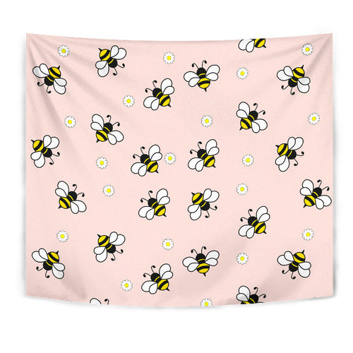 Cute Bee Flower Pattern Pink Background Wall Tapestry