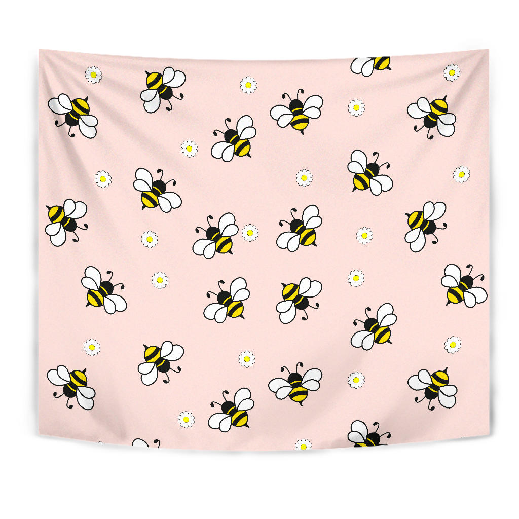 Cute Bee Flower Pattern Pink Background Wall Tapestry