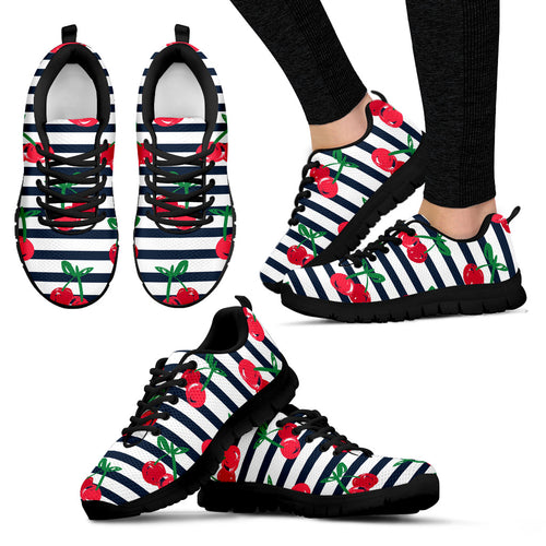 Hand Drawn Cherry Pattern Striped Background Women'S Sneaker Shoes