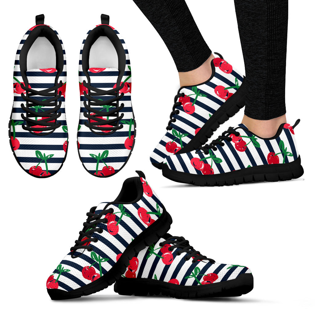 Hand Drawn Cherry Pattern Striped Background Women'S Sneaker Shoes