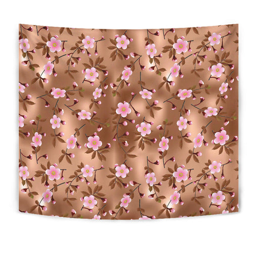 Pink Sakura Cherry Blossom Drak Brown Background Wall Tapestry