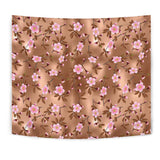 Pink Sakura Cherry Blossom Drak Brown Background Wall Tapestry