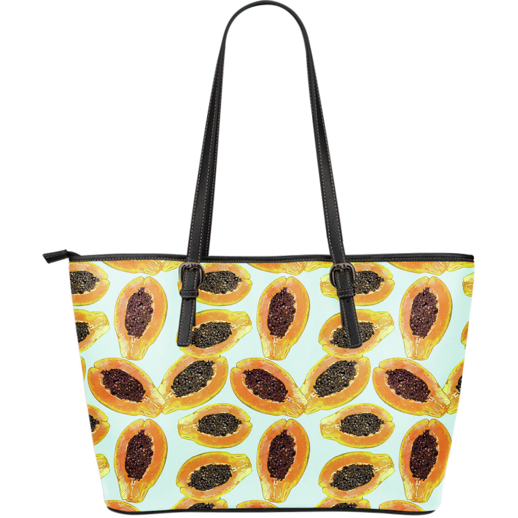 Watercolor Papaya Pattern Large Leather Tote Bag