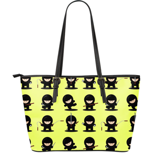 Cute Ninja Yellow Background Large Leather Tote Bag
