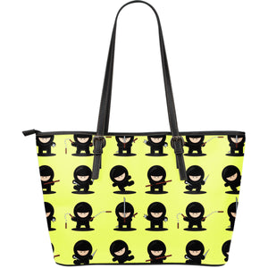 Cute Ninja Yellow Background Large Leather Tote Bag