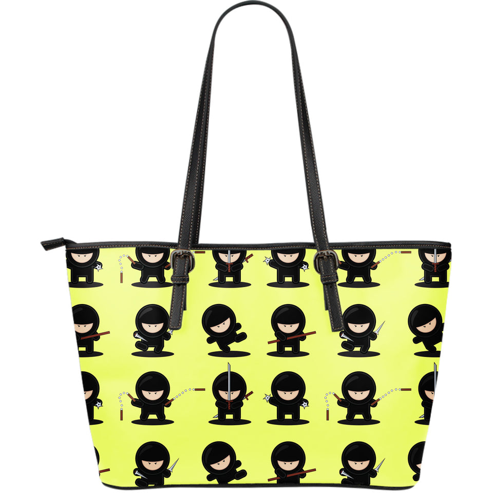 Cute Ninja Yellow Background Large Leather Tote Bag